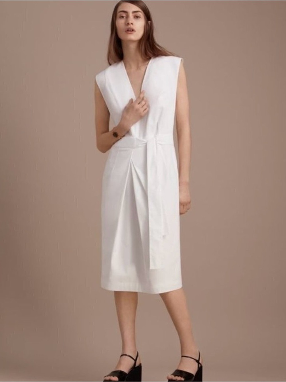 NEW Babaton 1-01 Judith Midi Dress Crisp 100% Cotton Deep V Front Tie White